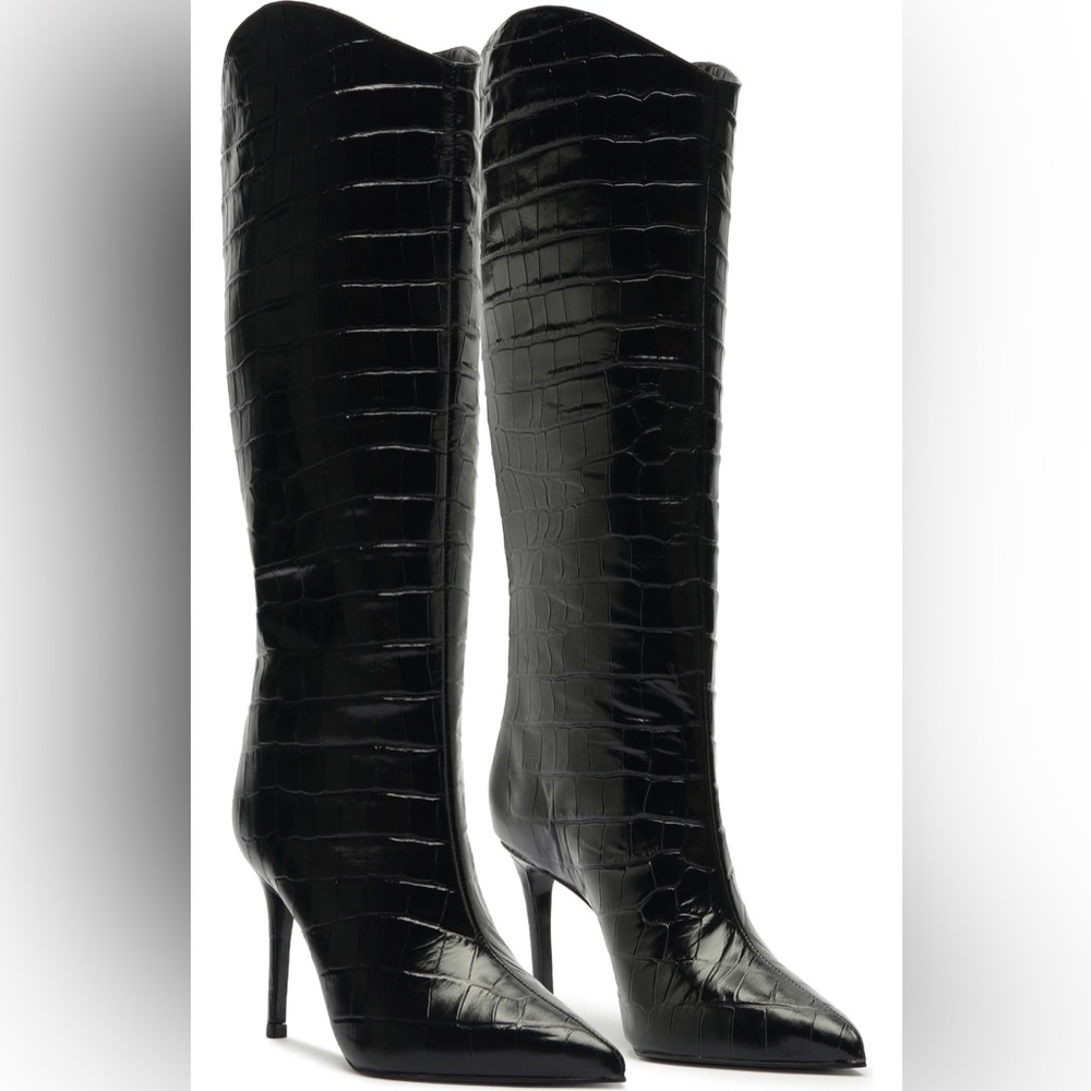 SCHUTZ Black Croc-Embossed Heeled Boots